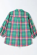 Plaid Collared Neck Three - Quarter Sleeve Shirt - CELIVINE