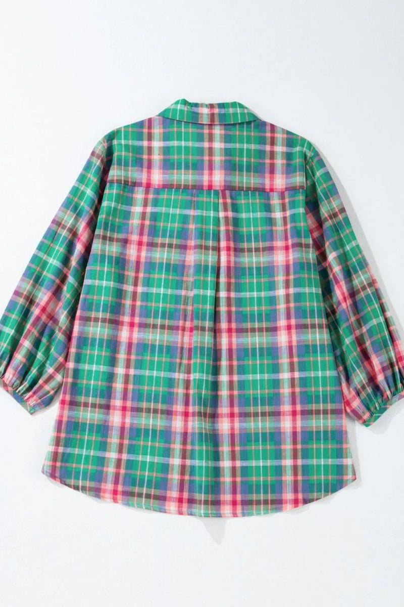 Plaid Collared Neck Three - Quarter Sleeve Shirt - CELIVINE