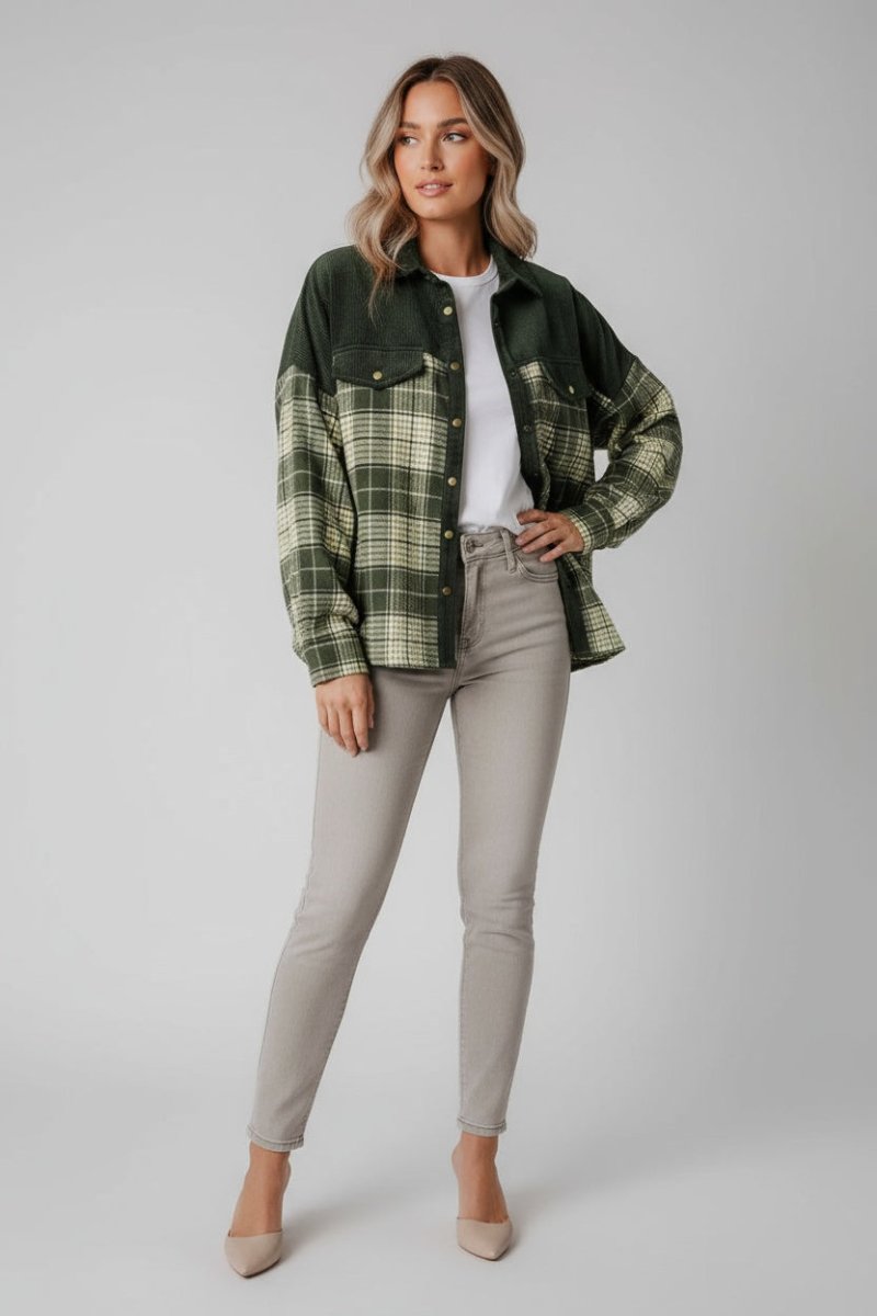 Snap Down Collared Neck Plaid Shacket - CELIVINE