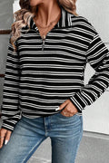 Striped Half Zip Long Sleeve Top - CELIVINE