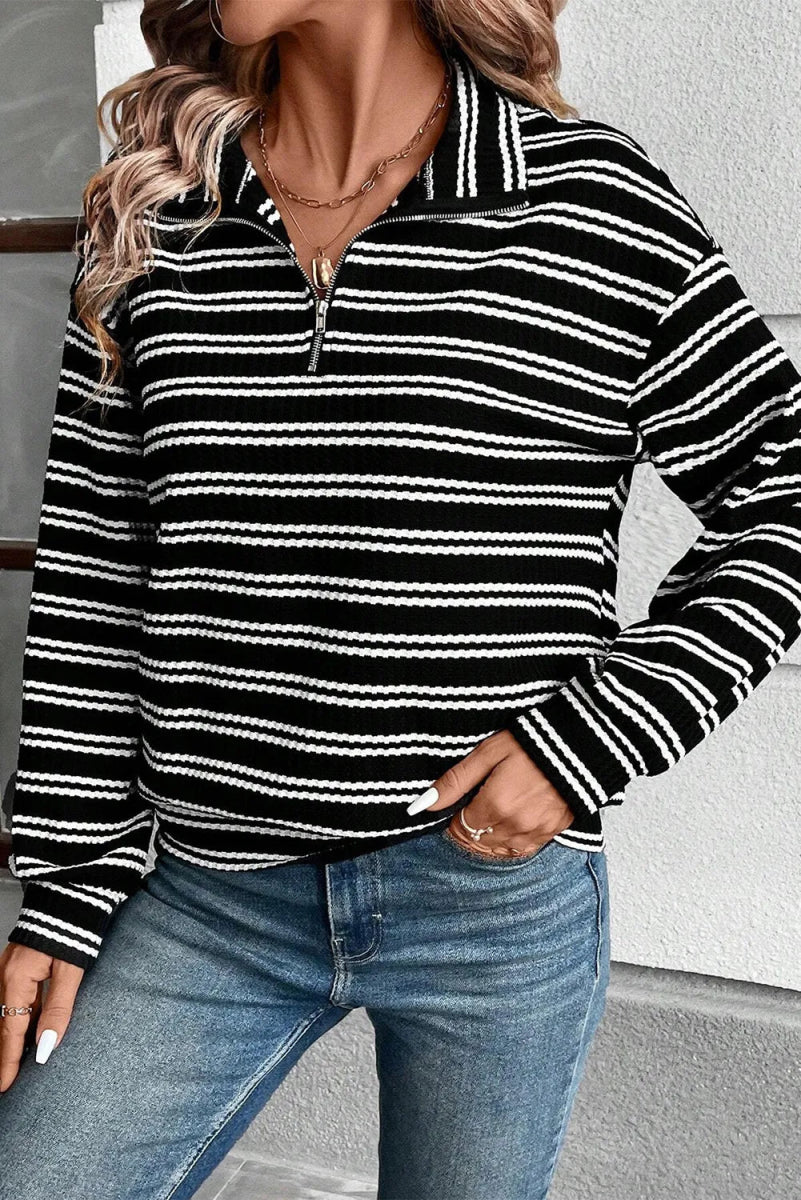 Striped Half Zip Long Sleeve Top - CELIVINE