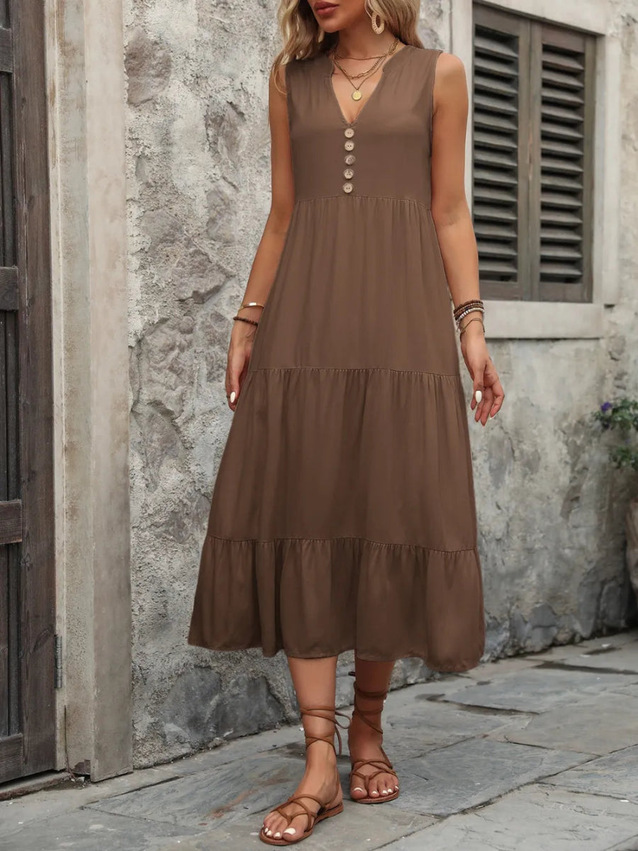 Ivy Lane Decorative Button Notched Sleeveless Dress - CELIVINE