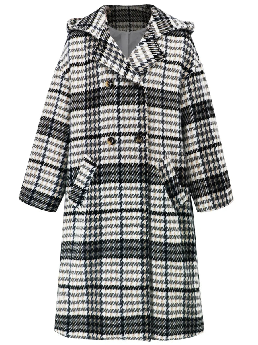 Plaid Double - Breasted Long Sleeve Longline Coat - CELIVINE