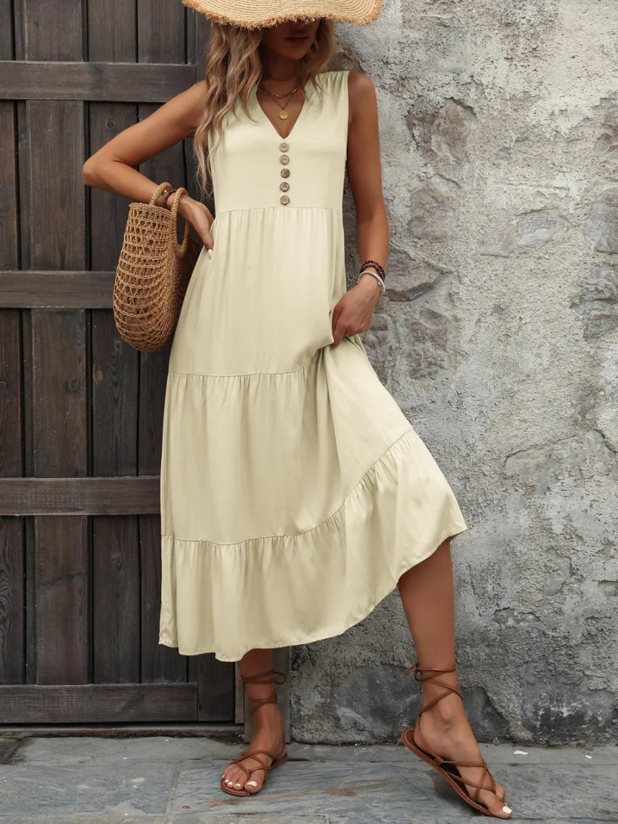 Ivy Lane Decorative Button Notched Sleeveless Dress - CELIVINE