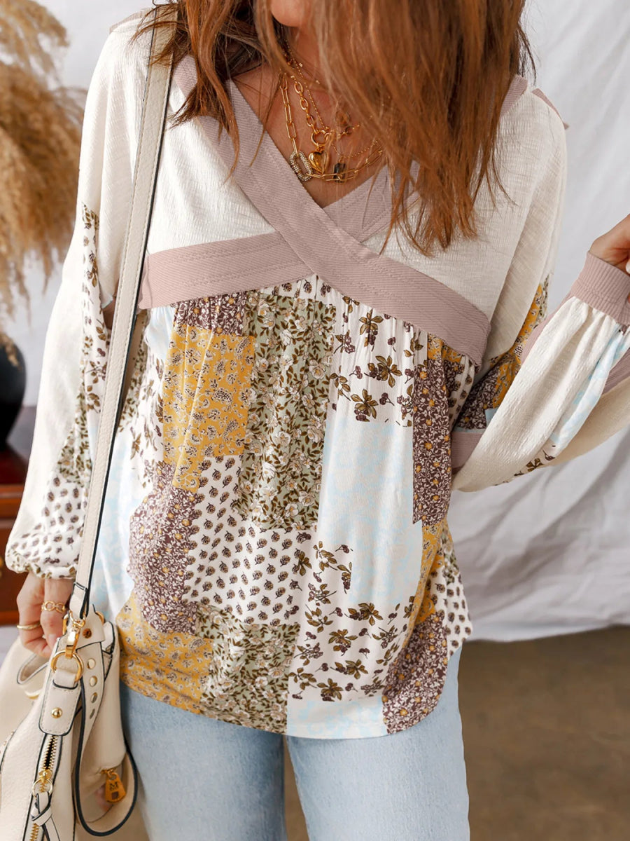 Floral Printed Contrast Patchwork Long Sleeve Top - CELIVINE