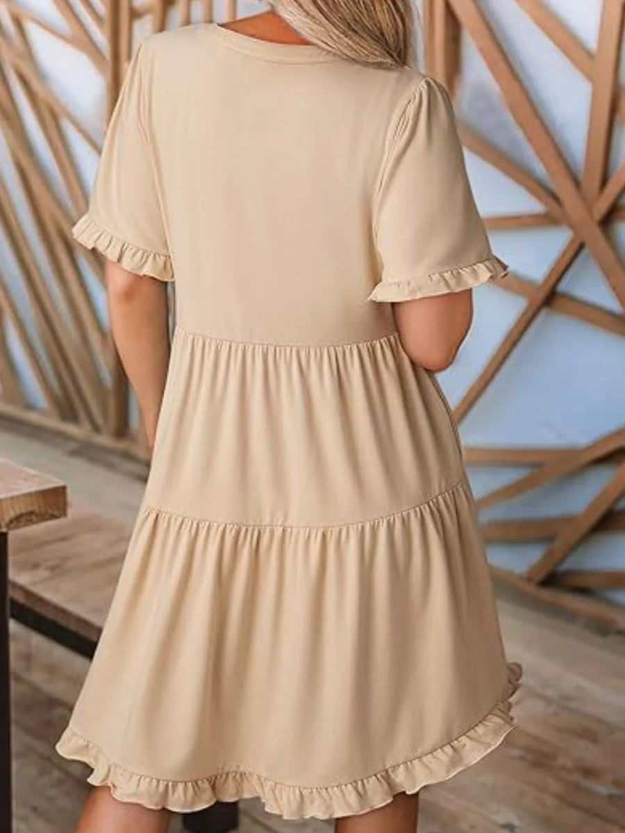 Tiered Notched Short Sleeve Mini Dress - CELIVINE