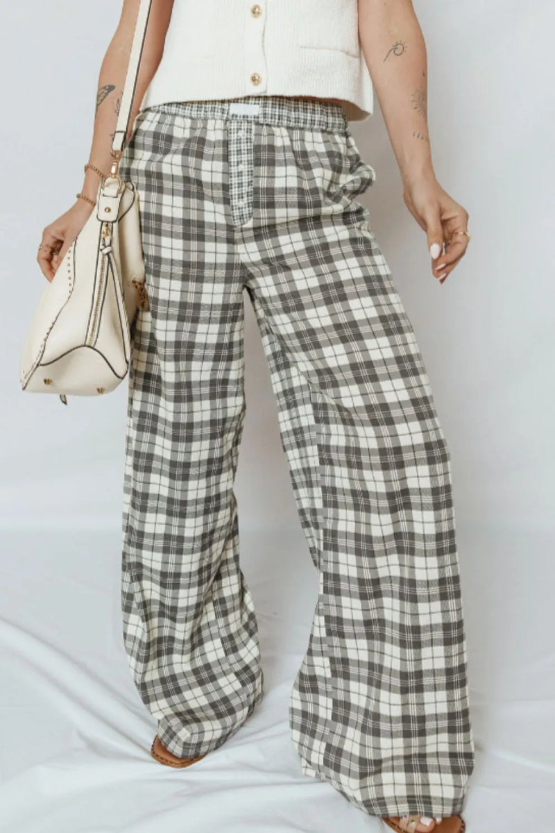 Plaid Wide Leg Pants - CELIVINE