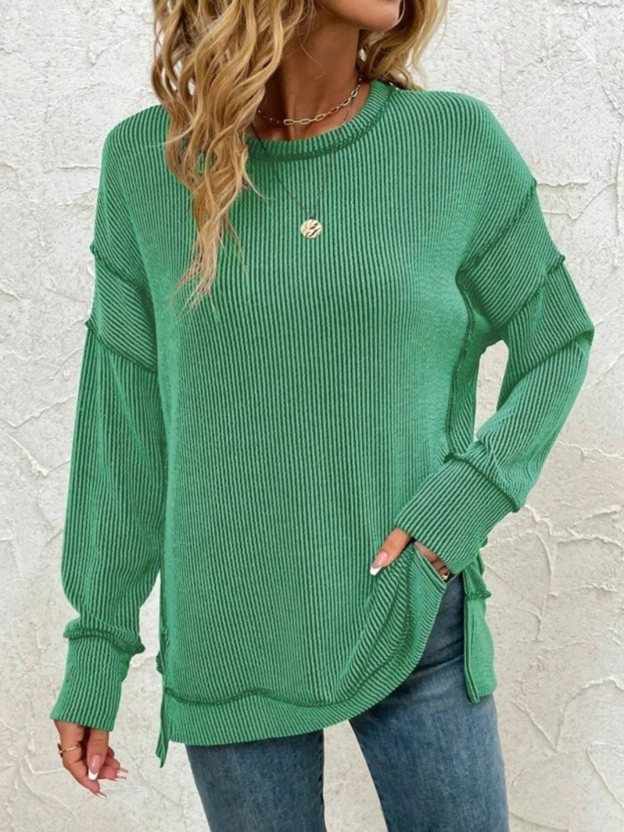 Side Slit Round Neck Dropped Shoulder Sweatshirt - CELIVINE