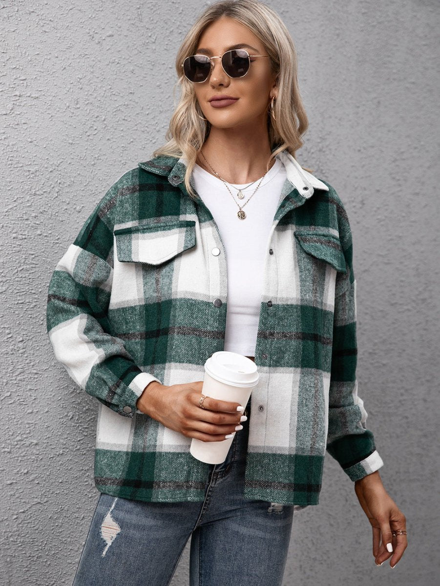 Plaid Long Sleeve Shirt Jacket - CELIVINE