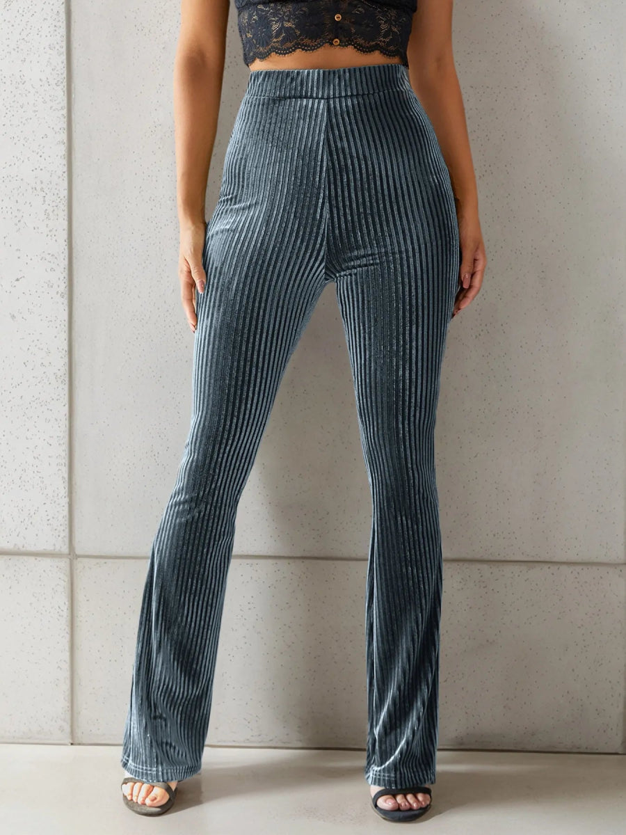 High - Waisted Ribbed Velvet Flare Pants - CELIVINE