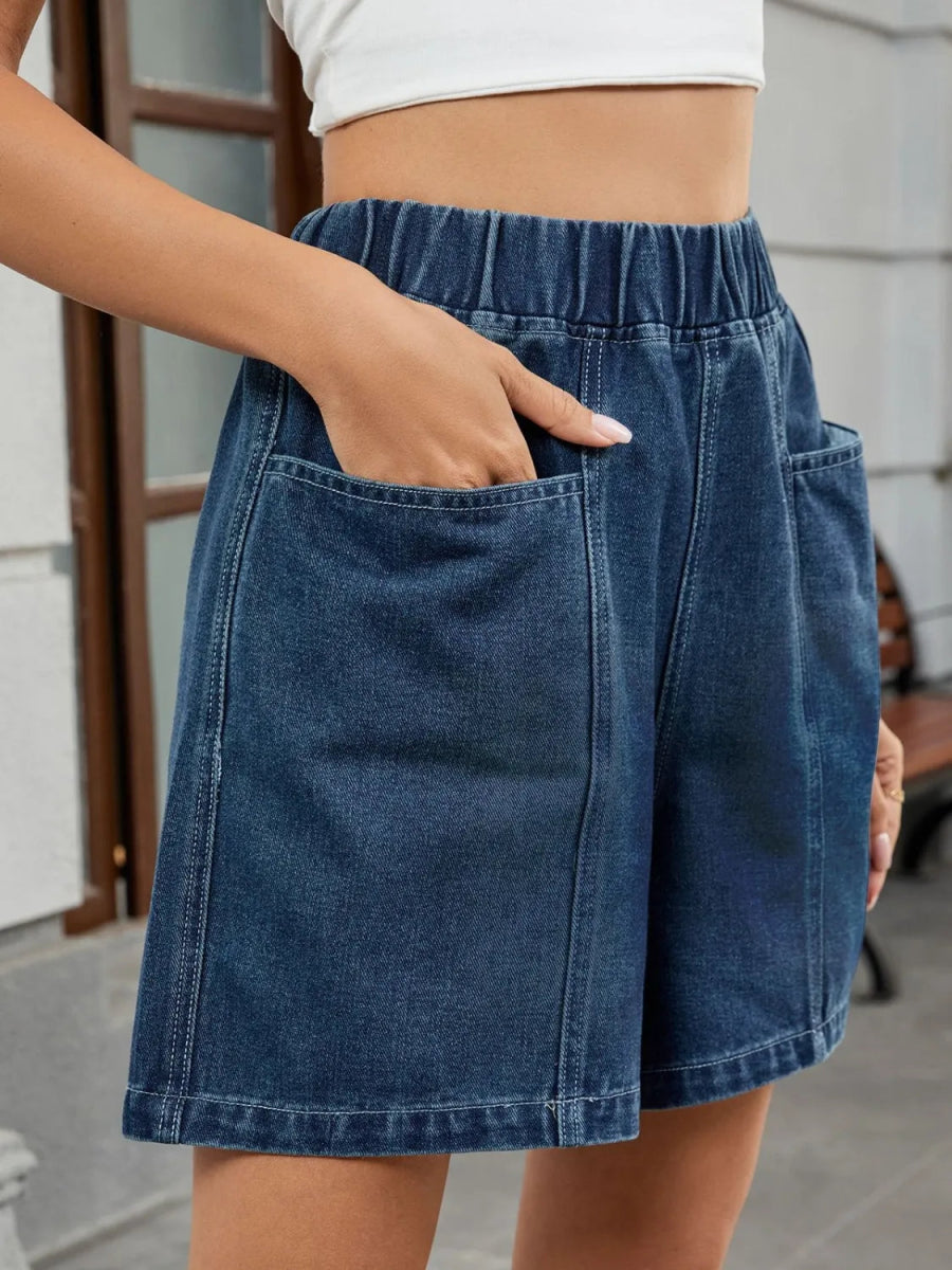 Elastic Waist Denim Shorts - CELIVINE