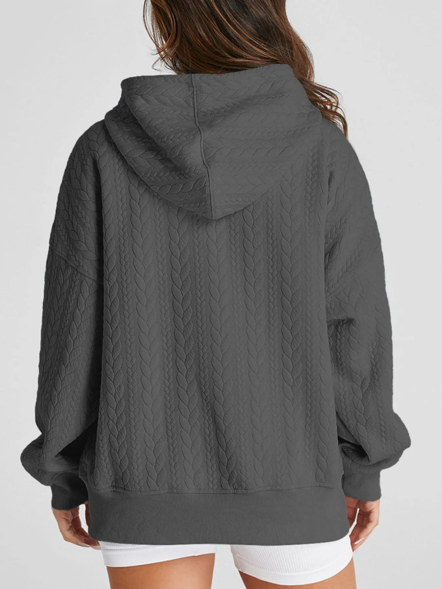 Drawstring Textured Baggy Solid Hoodie - CELIVINE