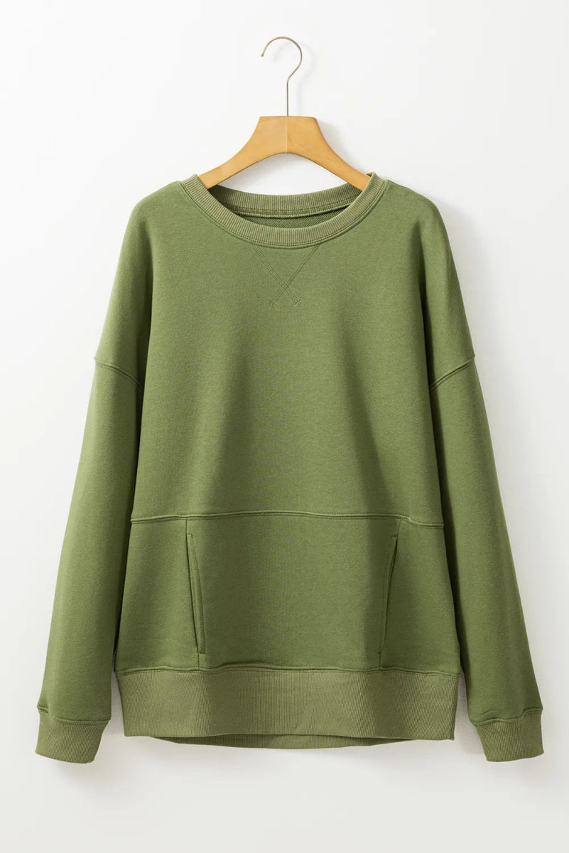 Solid Color Round Neck Long Sleeve Sweatshirt - CELIVINE