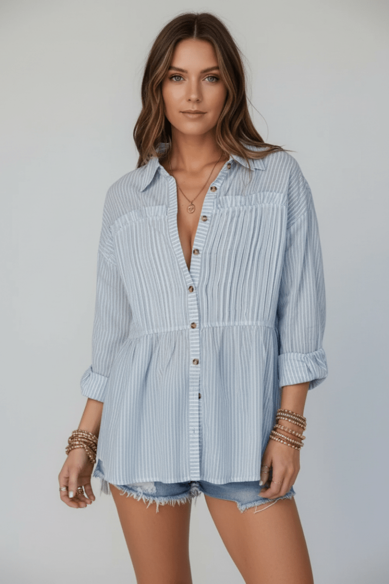 Frill Striped Collared Neck Long Sleeve Shirt - CELIVINE