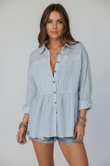 Frill Striped Collared Neck Long Sleeve Shirt - CELIVINE