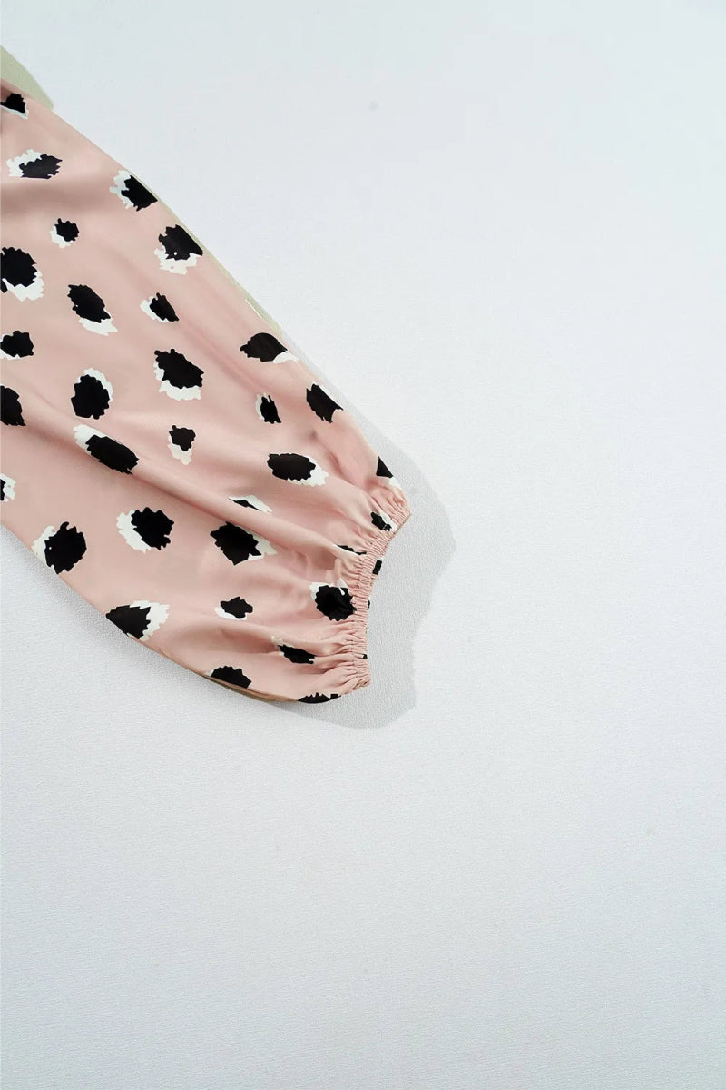 Contrast Animal Print V - Neck Long Sleeve Blouse - CELIVINE