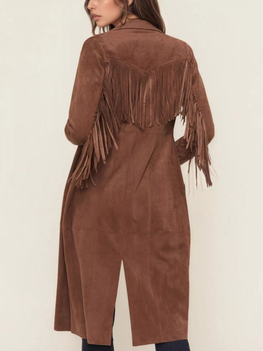 Fringe Lapel Collar Long Sleeve Coat - CELIVINE