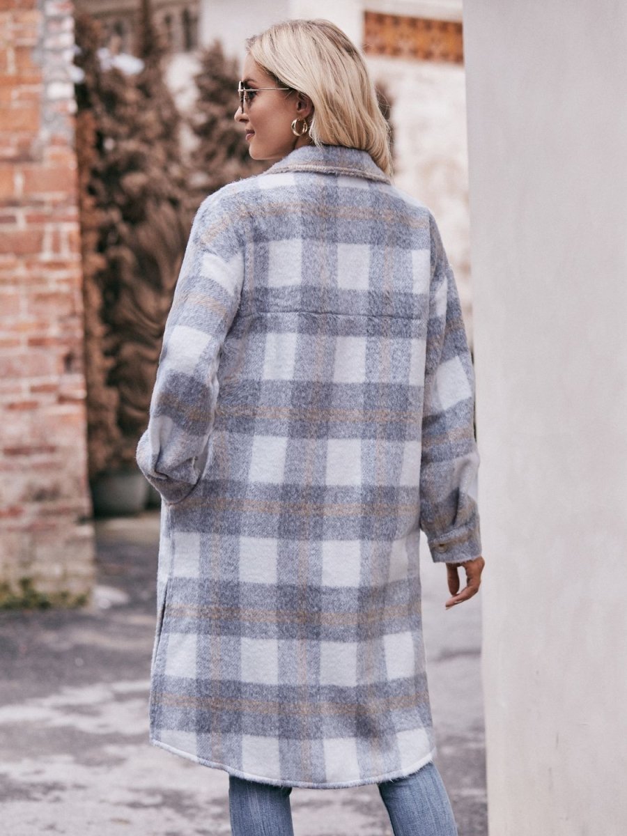 Mandy Plaid Dropped Shoulder Slit Coat - CELIVINE