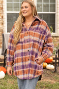 Plus Size Plaid Collared Neck Long Sleeve Jacket - CELIVINE