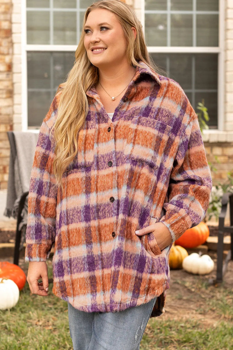 Plus Size Plaid Collared Neck Long Sleeve Jacket - CELIVINE