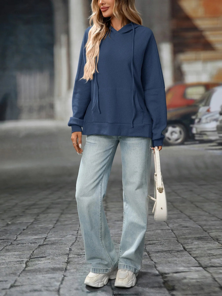 Textured Drawstring Long Sleeve Hoodie - CELIVINE