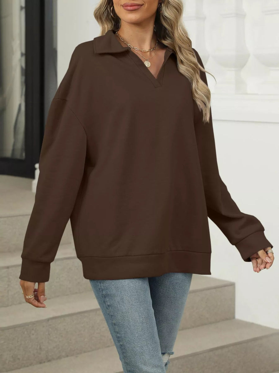 Johnny Collar Drop Shoulder Long Sleeve Sweatshirt - CELIVINE
