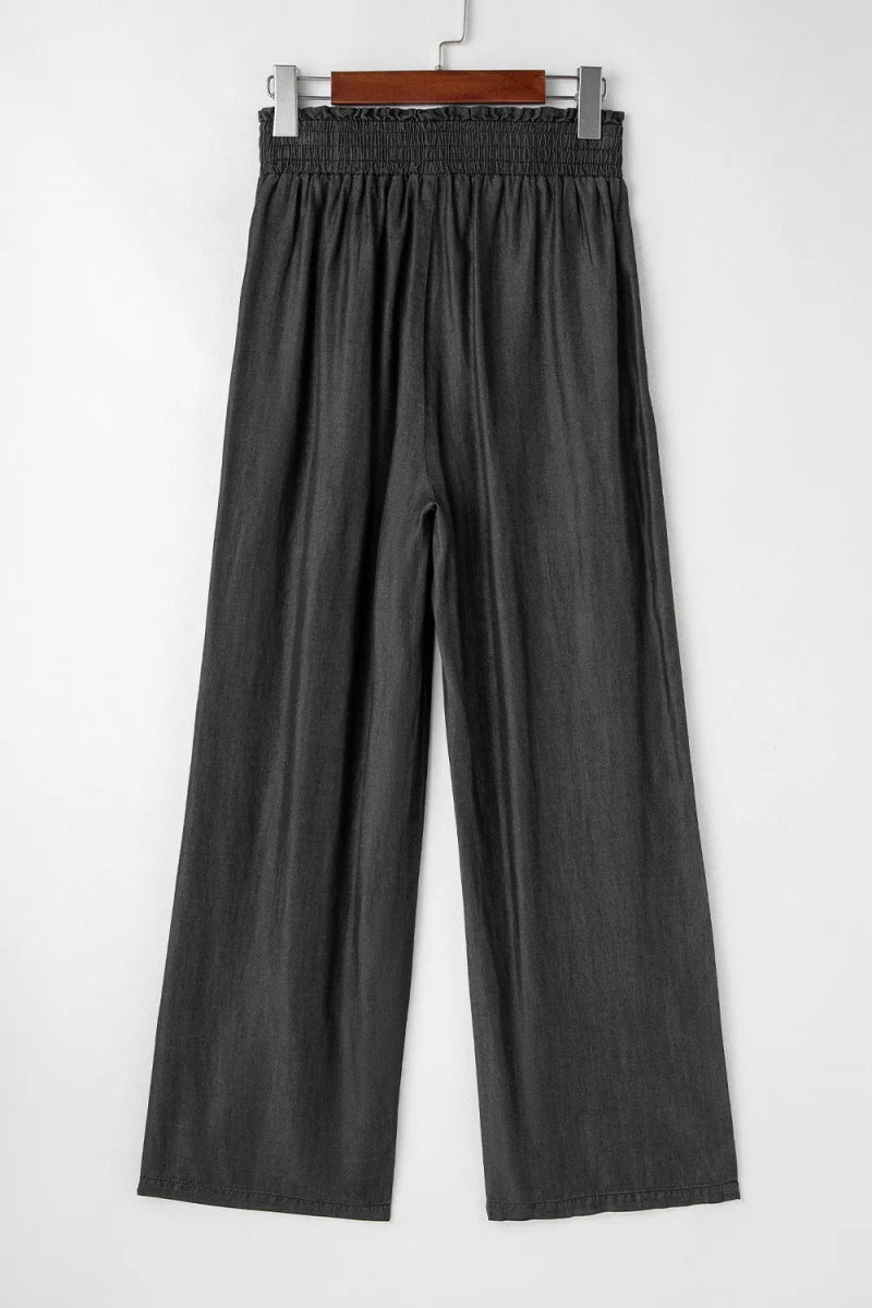 Side Pockets Frilled Smocked High Waist Wide Leg Pants - CELIVINE