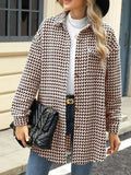Houndstooth Button Up Long Sleeve Coat - CELIVINE