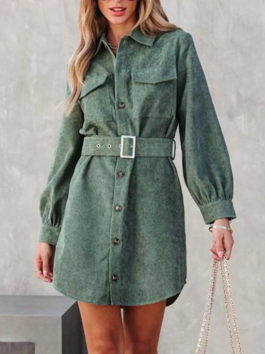 Button Front Belt Long Sleeve Corduroy Dress - CELIVINE