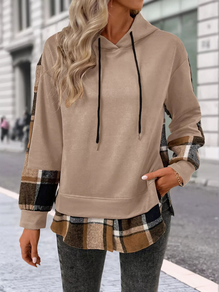 Plaid Drawstring Long Sleeve Hoodie - CELIVINE