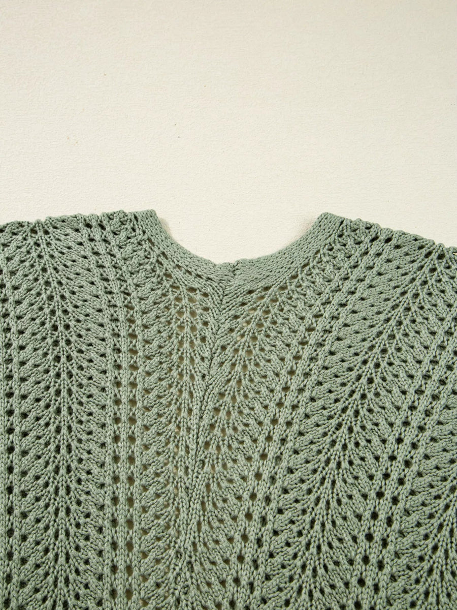 Scalloped Edge Eyelet Knit Batwing Sleeve Cardigan - CELIVINE