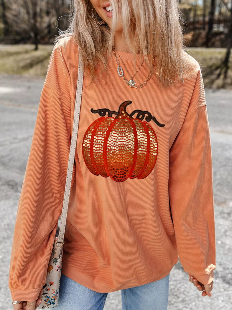 Halloween Sequined Pumpkin Ribbed Round Neck Sweatshirt - CELIVINE