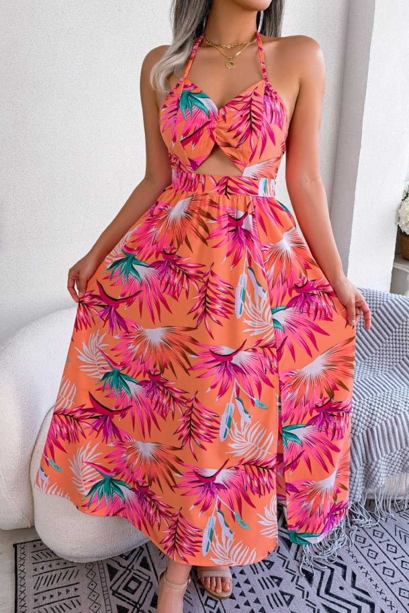 Botanical Print Tied Backless Cutout Slit Dress - CELIVINE