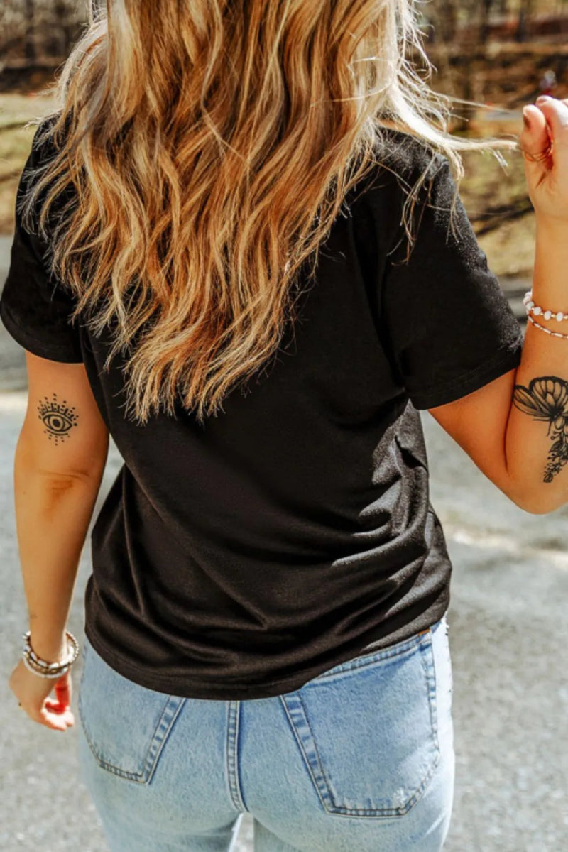 Embroidered Round Neck Short Sleeve T-Shirt - CELIVINE