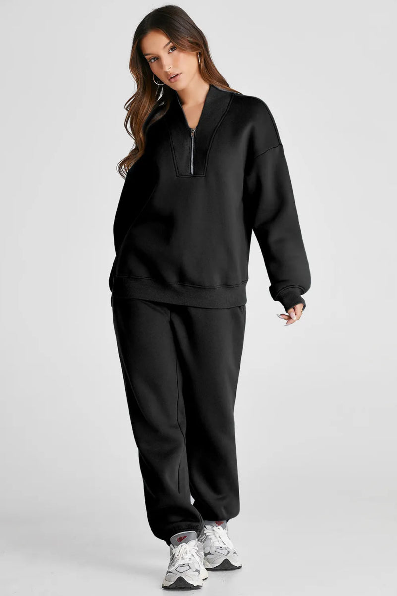 Quarter Zip Long Sleeve Top and Pants Set - CELIVINE