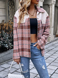 Plaid Collared Neck Drop Shoulder Jacket - CELIVINE