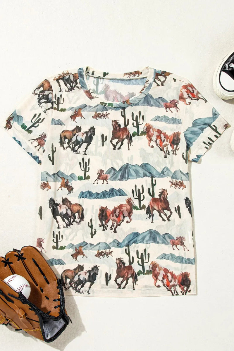 Western Fashion Mustang River Printed Mesh T Shirt - CELIVINE