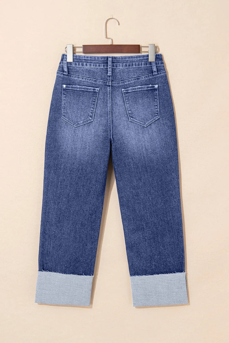 Folded Cuffs Distressed Straight High Waist Jeans - CELIVINE