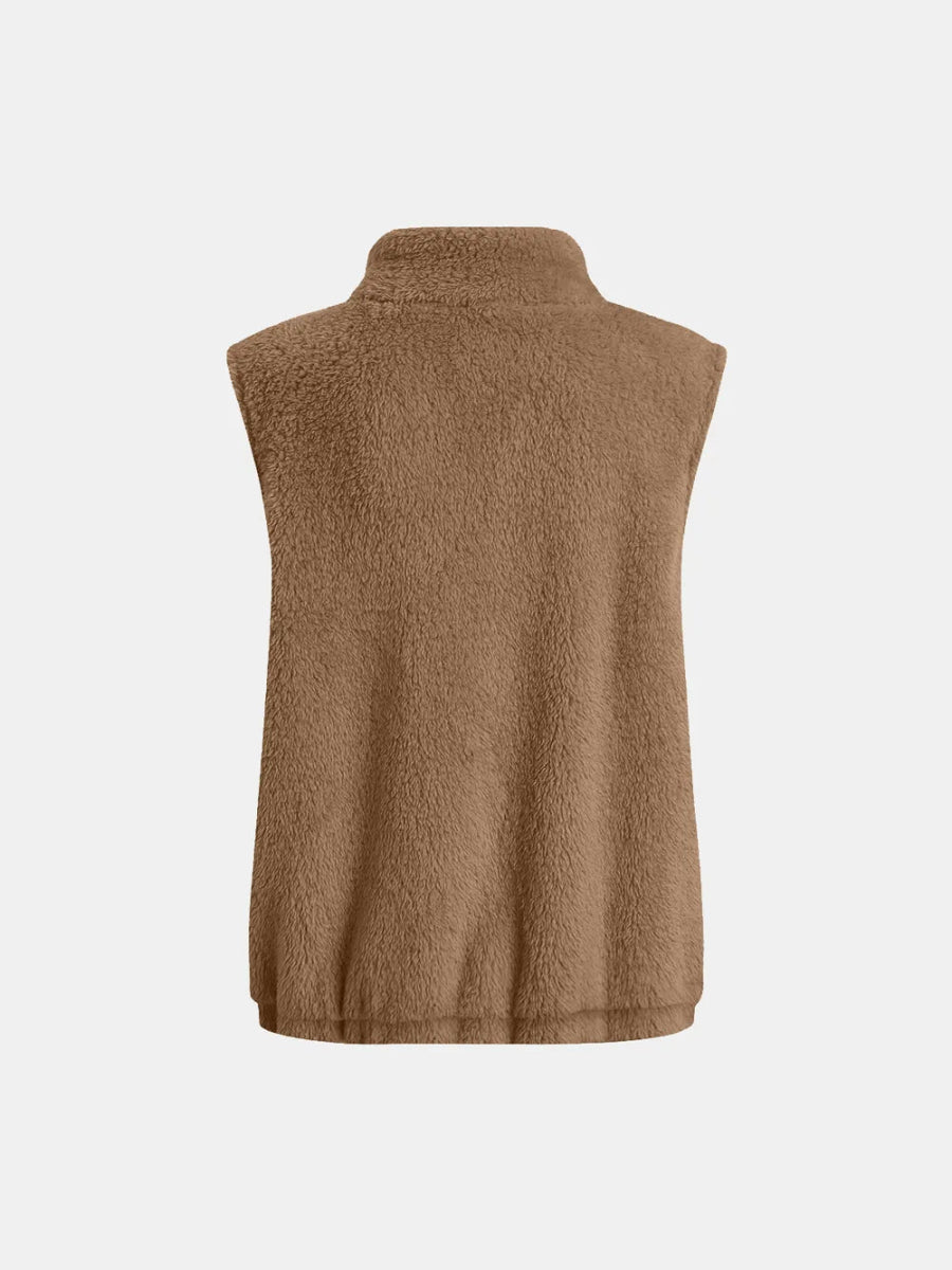 Full Size Fuzzy Zip Up Vest Coat with Pockets - CELIVINE
