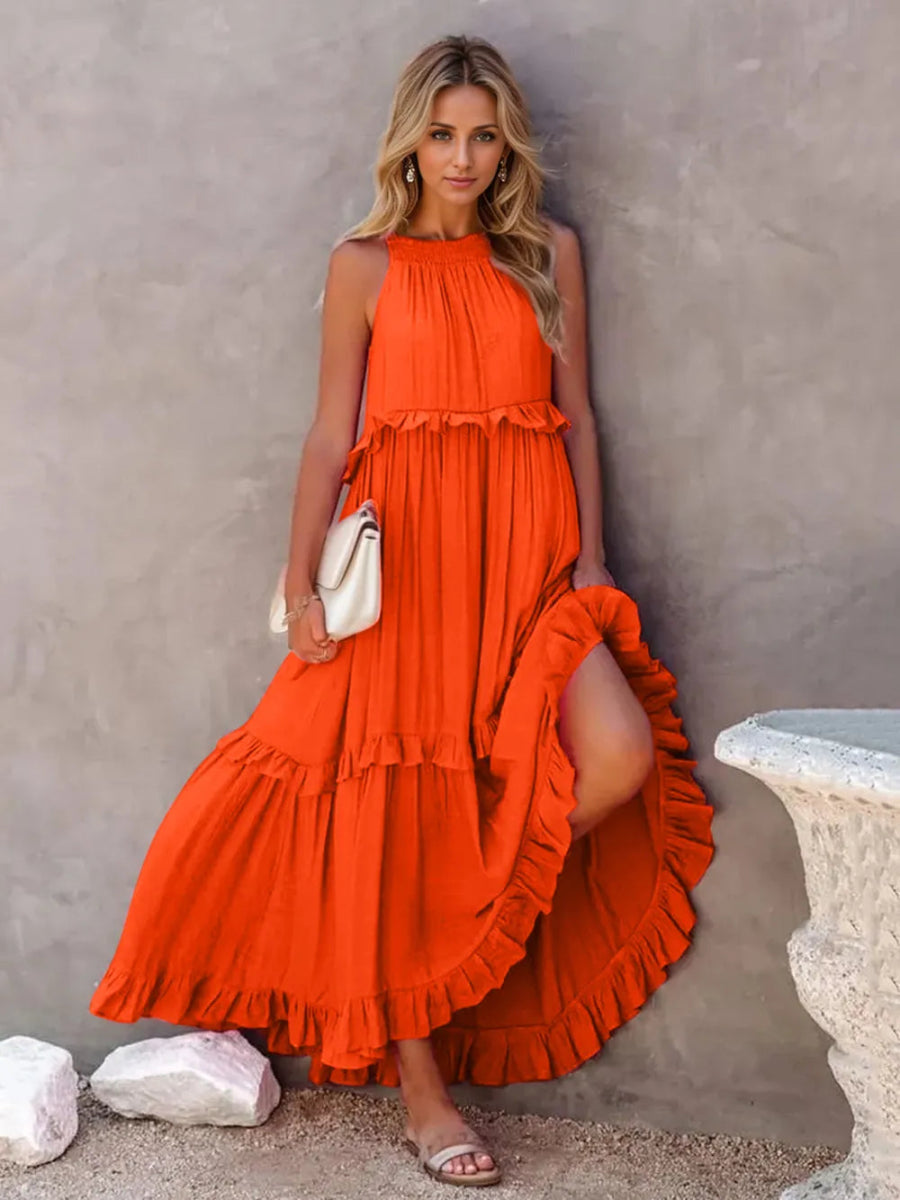 Ruffled Sleeveless Tiered Maxi Dress with Pockets - CELIVINE