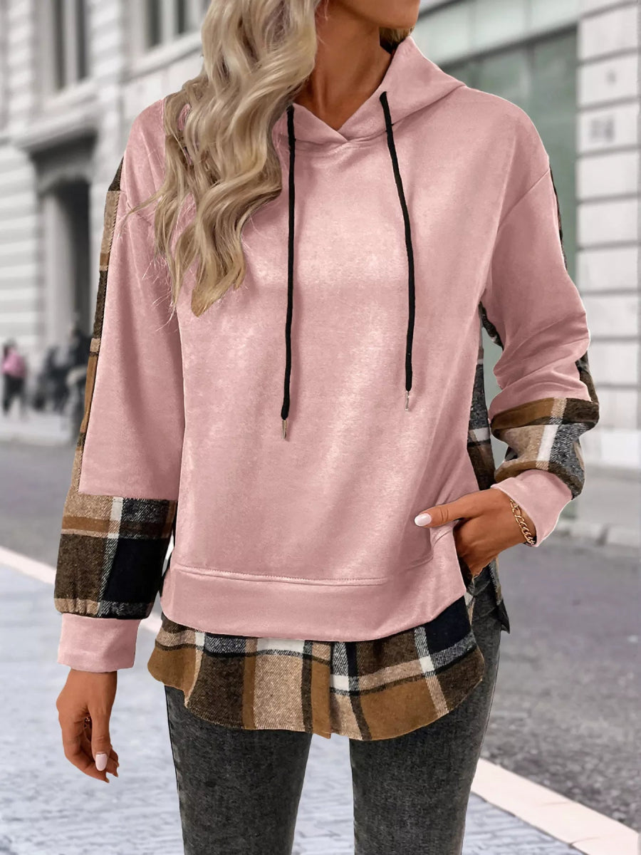 Plaid Drawstring Long Sleeve Hoodie - CELIVINE