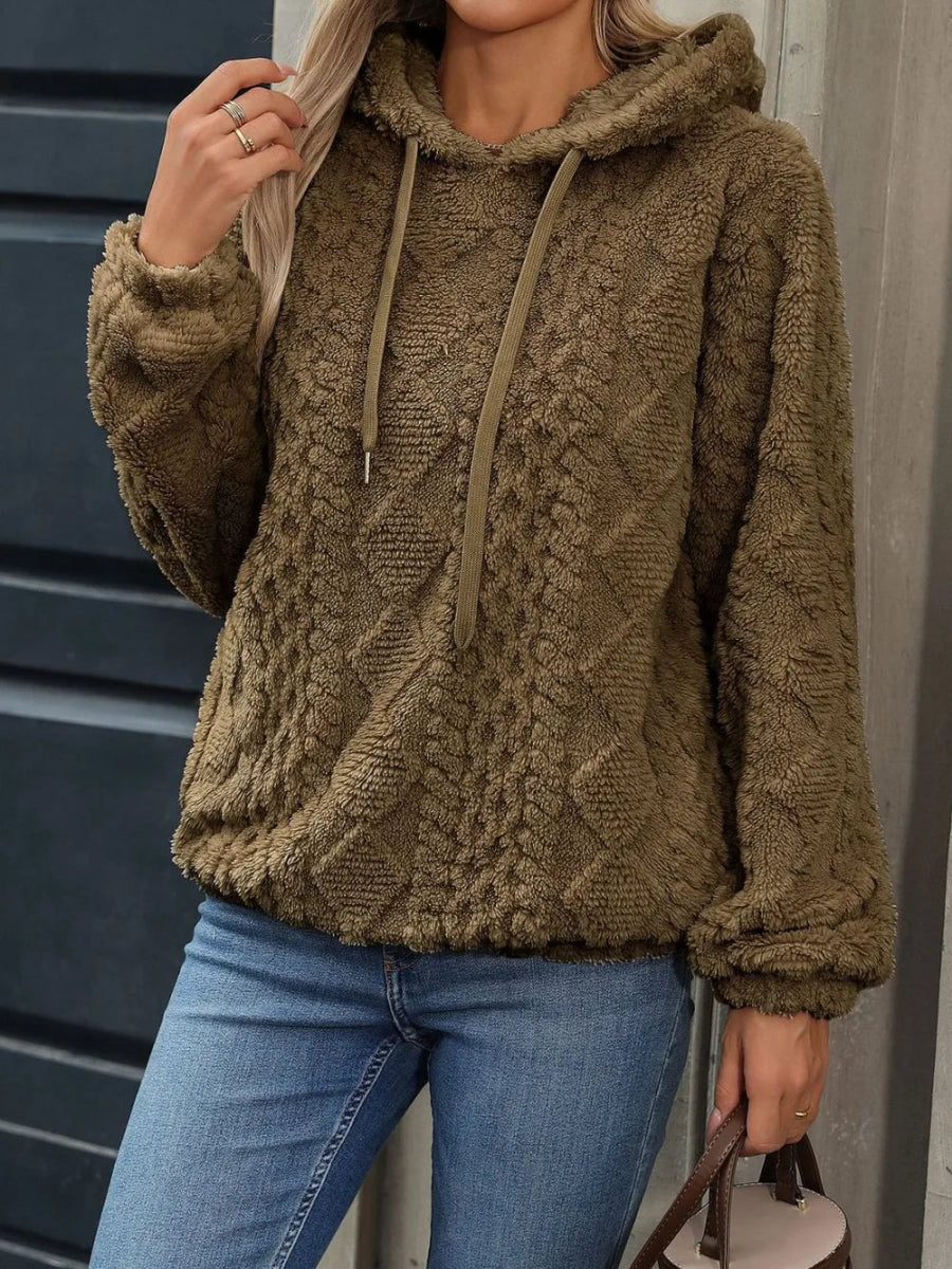 Drawstring Long Sleeve Plush Hoodie - CELIVINE