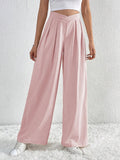 V - Waisted Ruched Front Wide Leg Pants - CELIVINE