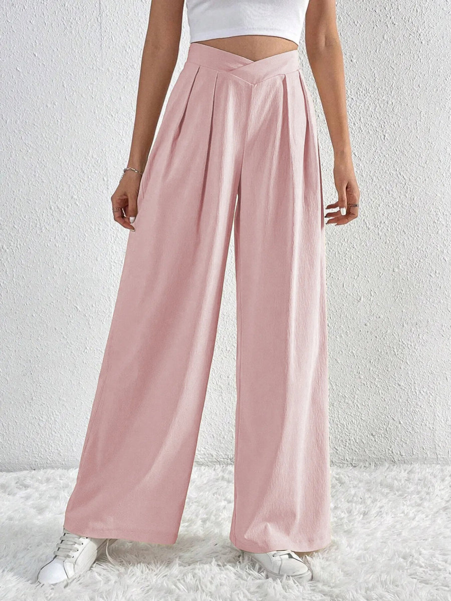 V - Waisted Ruched Front Wide Leg Pants - CELIVINE