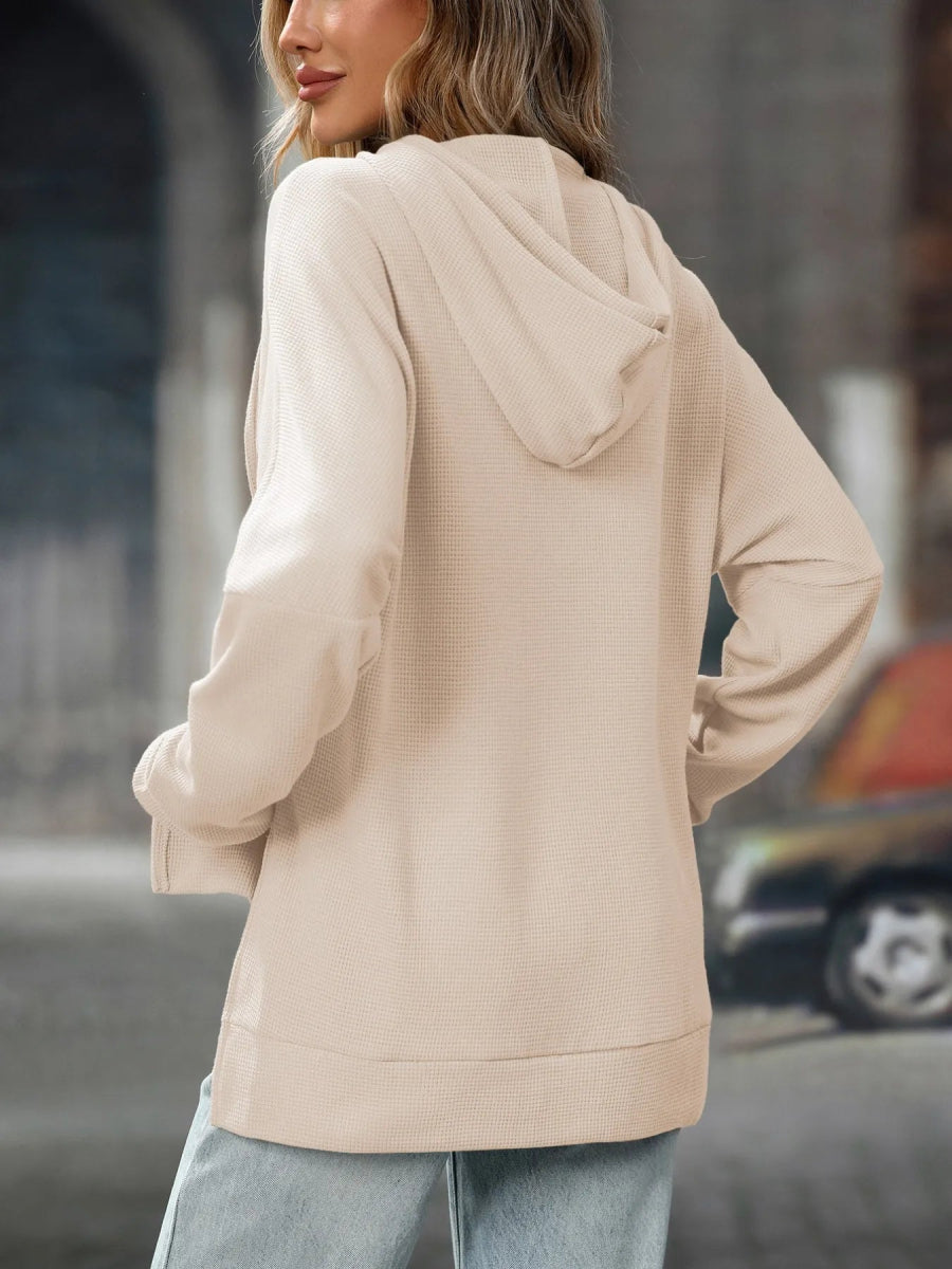 Textured Drawstring Long Sleeve Hoodie - CELIVINE
