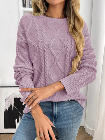 Cable Knit Round Neck Long Sleeve Sweater - CELIVINE