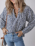 Floral Print Notched Long Sleeve Blouse - CELIVINE