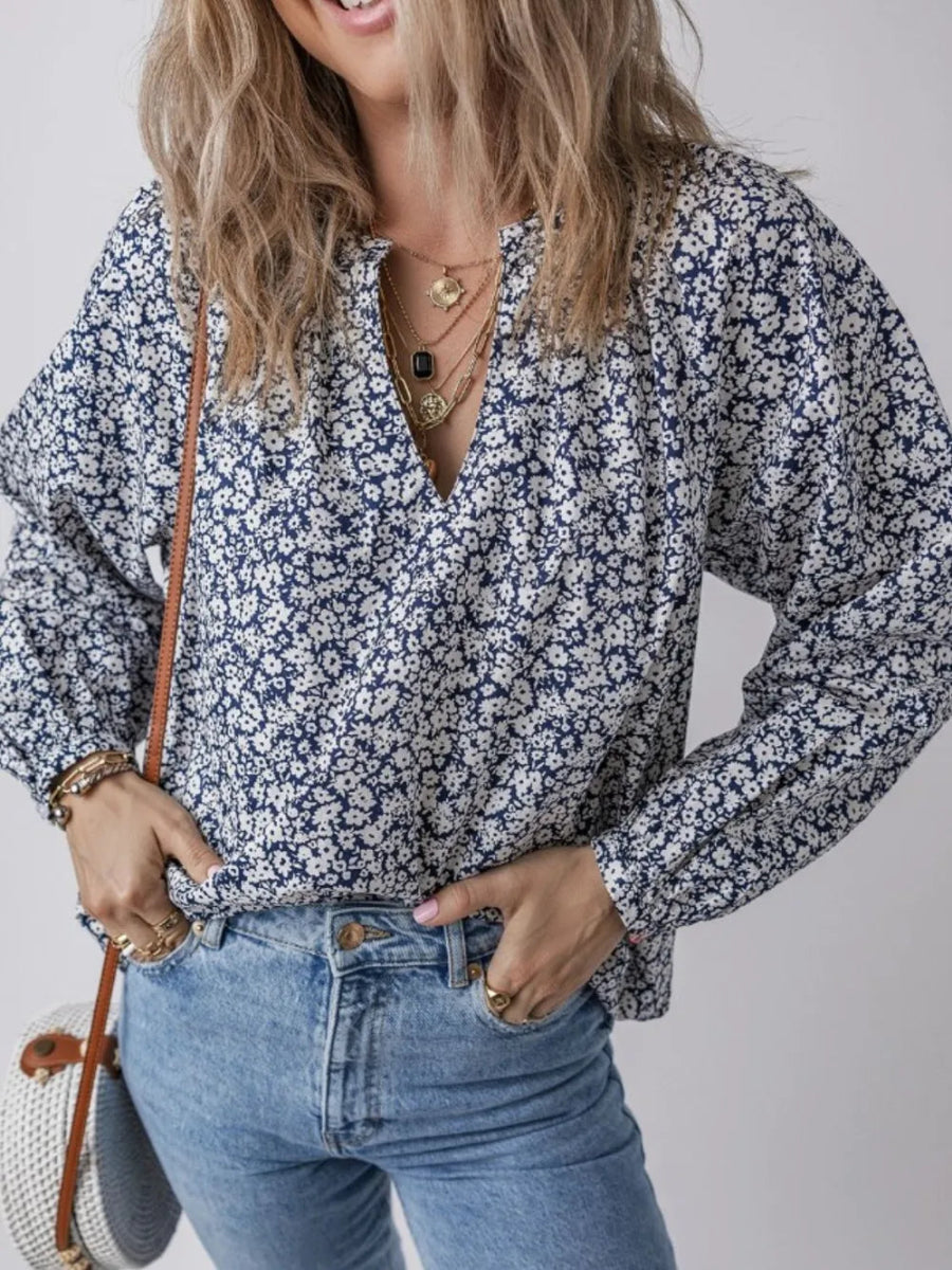 Floral Print Notched Long Sleeve Blouse - CELIVINE