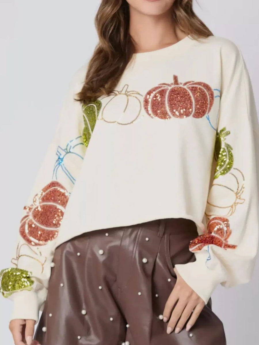 Sequined Pumpkin Halloween Crop Sweatshirt - CELIVINE