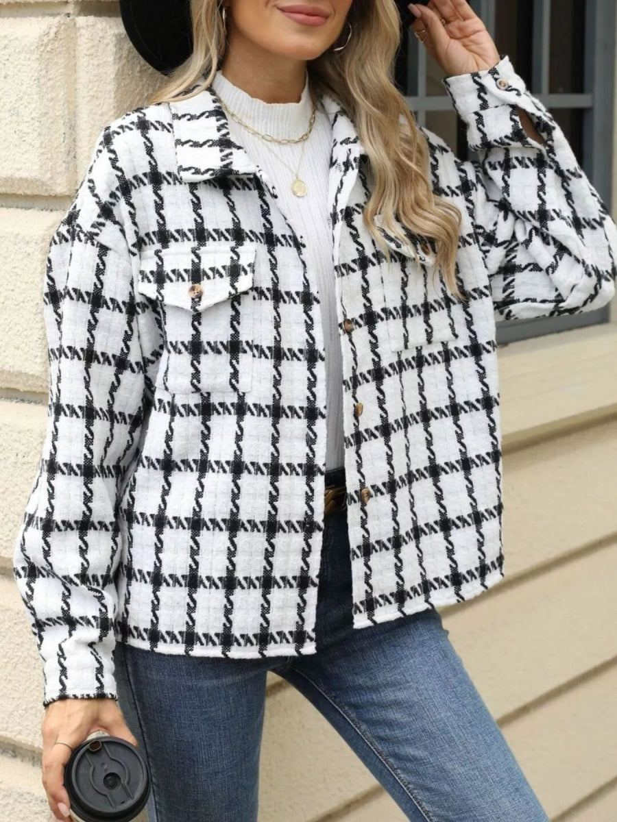 Plaid Button Up Long Sleeve Jacket - CELIVINE